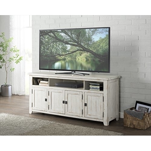 Wooden TV Stand With 3 Shelves And Cabinets, White- Saltoro Sherpi
