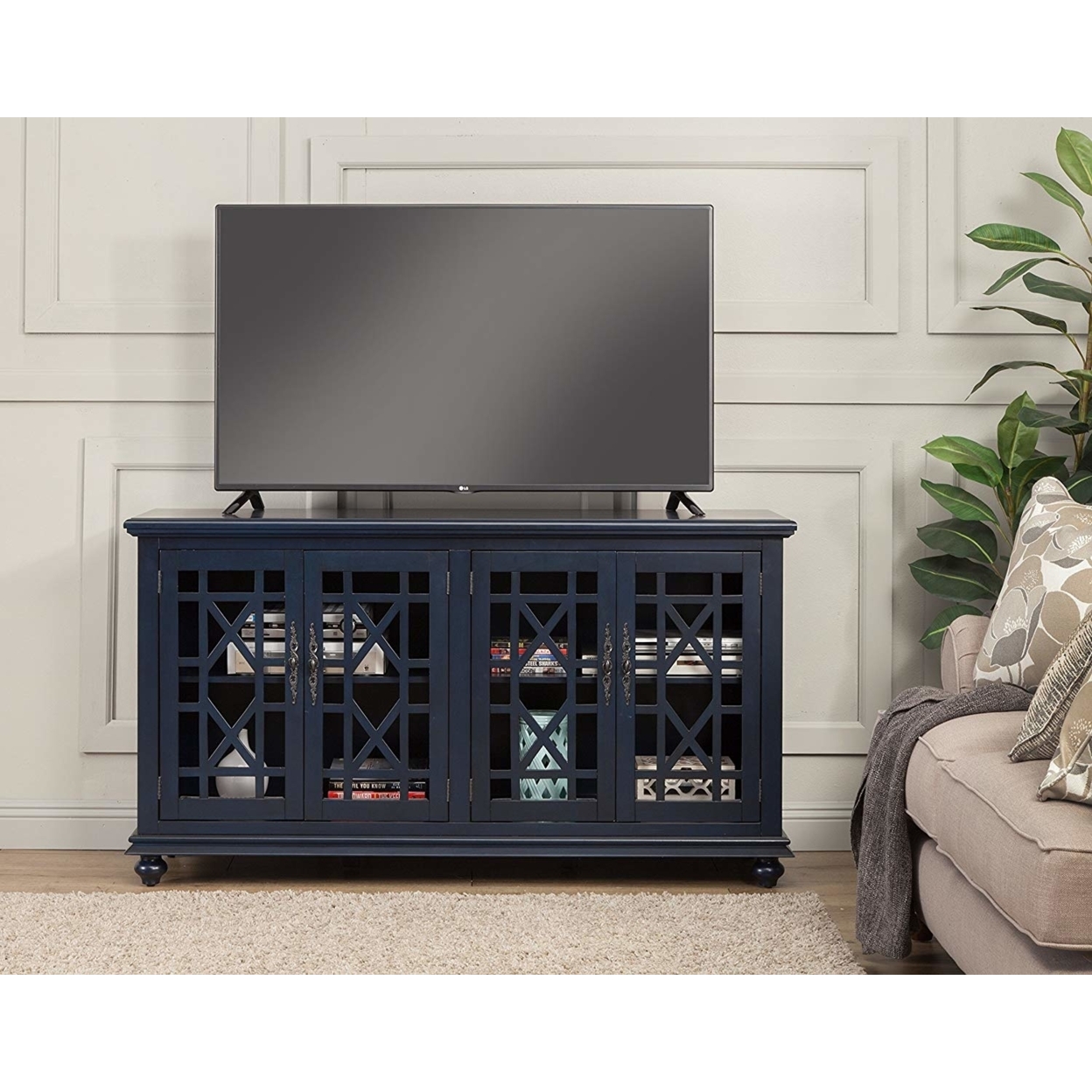 Wooden TV Stand With Trellis Detailed Doors, Blue- Saltoro Sherpi