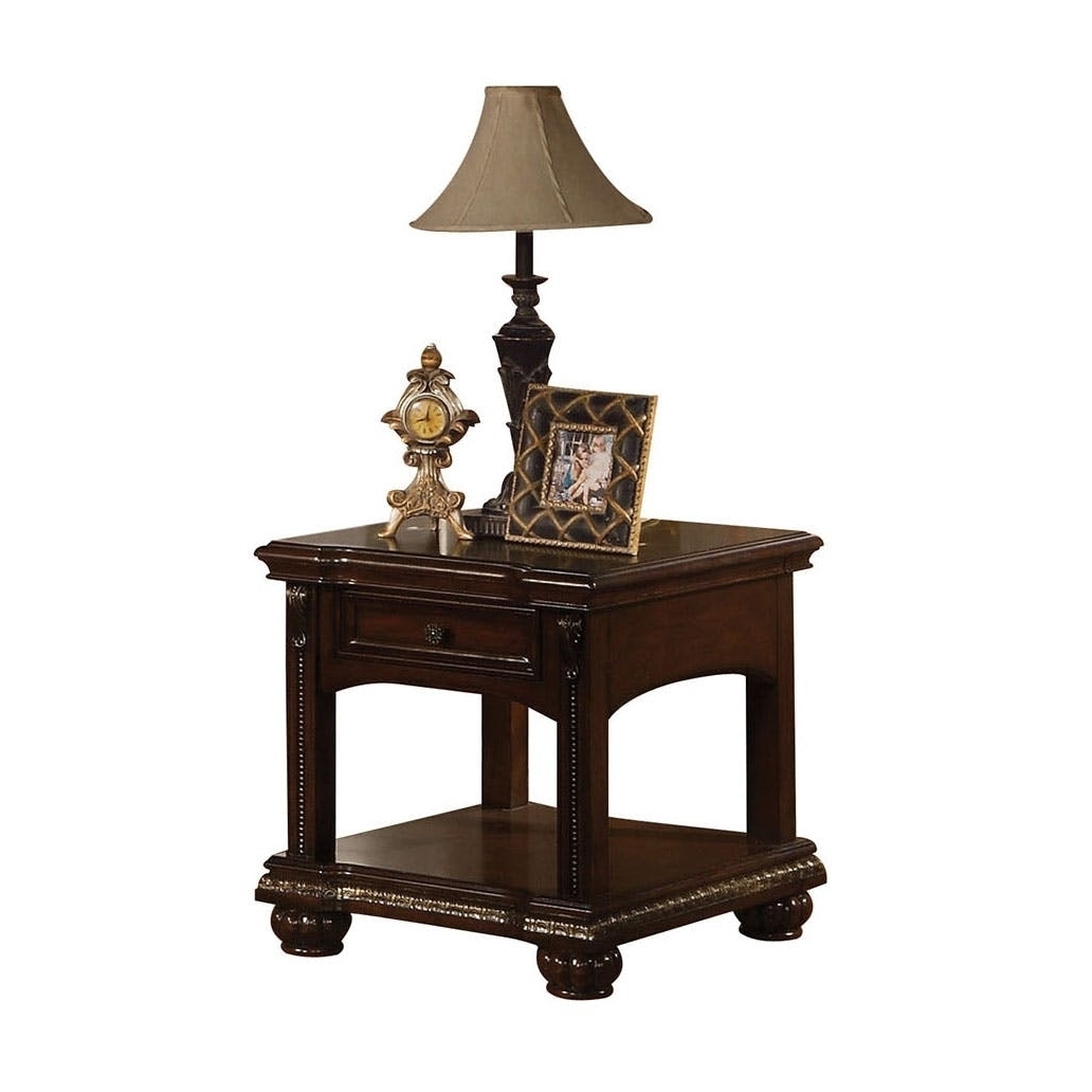 Wooden End Table With Lower Shelf , Cherry Brown- Saltoro Sherpi