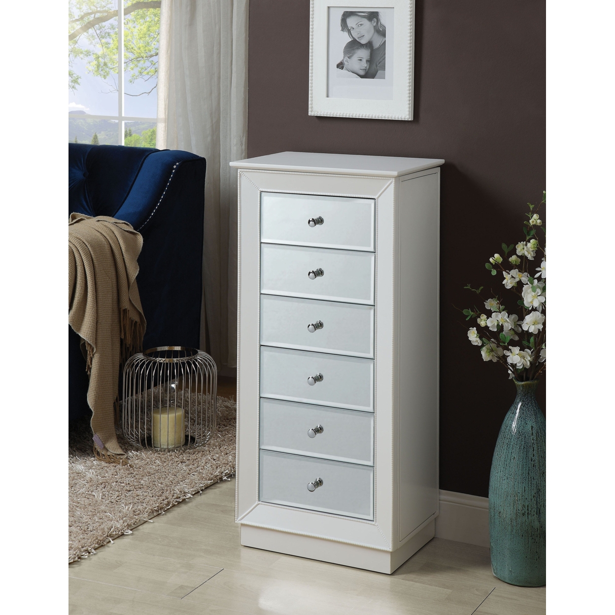 Wood Jewelry Armoire Having 6 Drawers With Mirror Front, White- Saltoro Sherpi