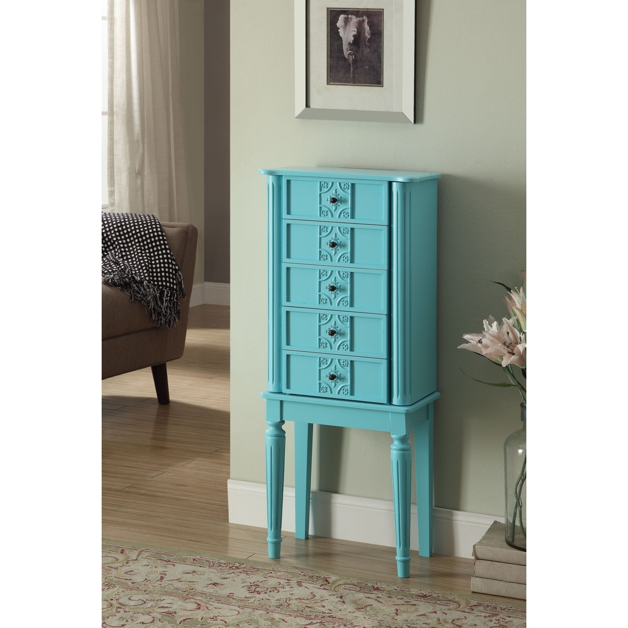 Saltoro Sherpi Wood Jewelry Armoire With 5 Drawers in Light Blue