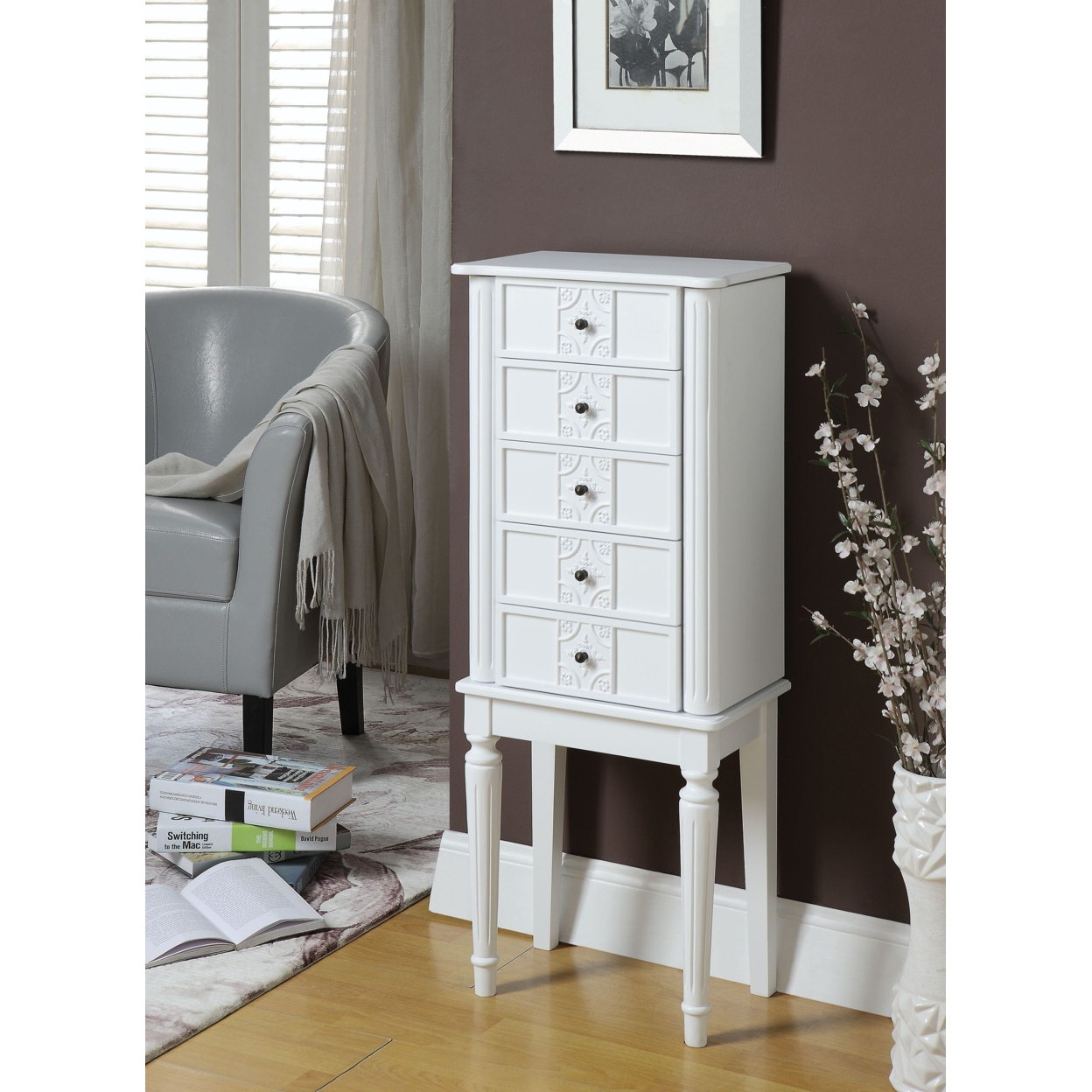 Saltoro Sherpi Wood Jewelry Armoire With 5 Drawers in White
