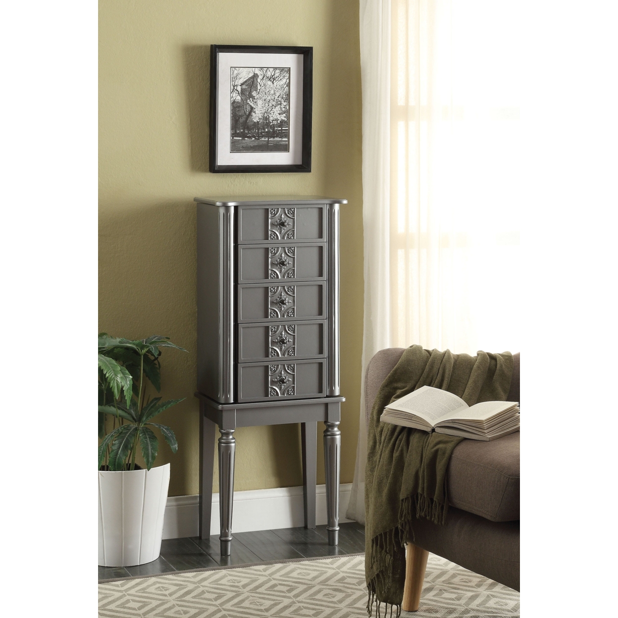 Saltoro Sherpi Wood Jewelry Armoire With 5 Drawers in Silver