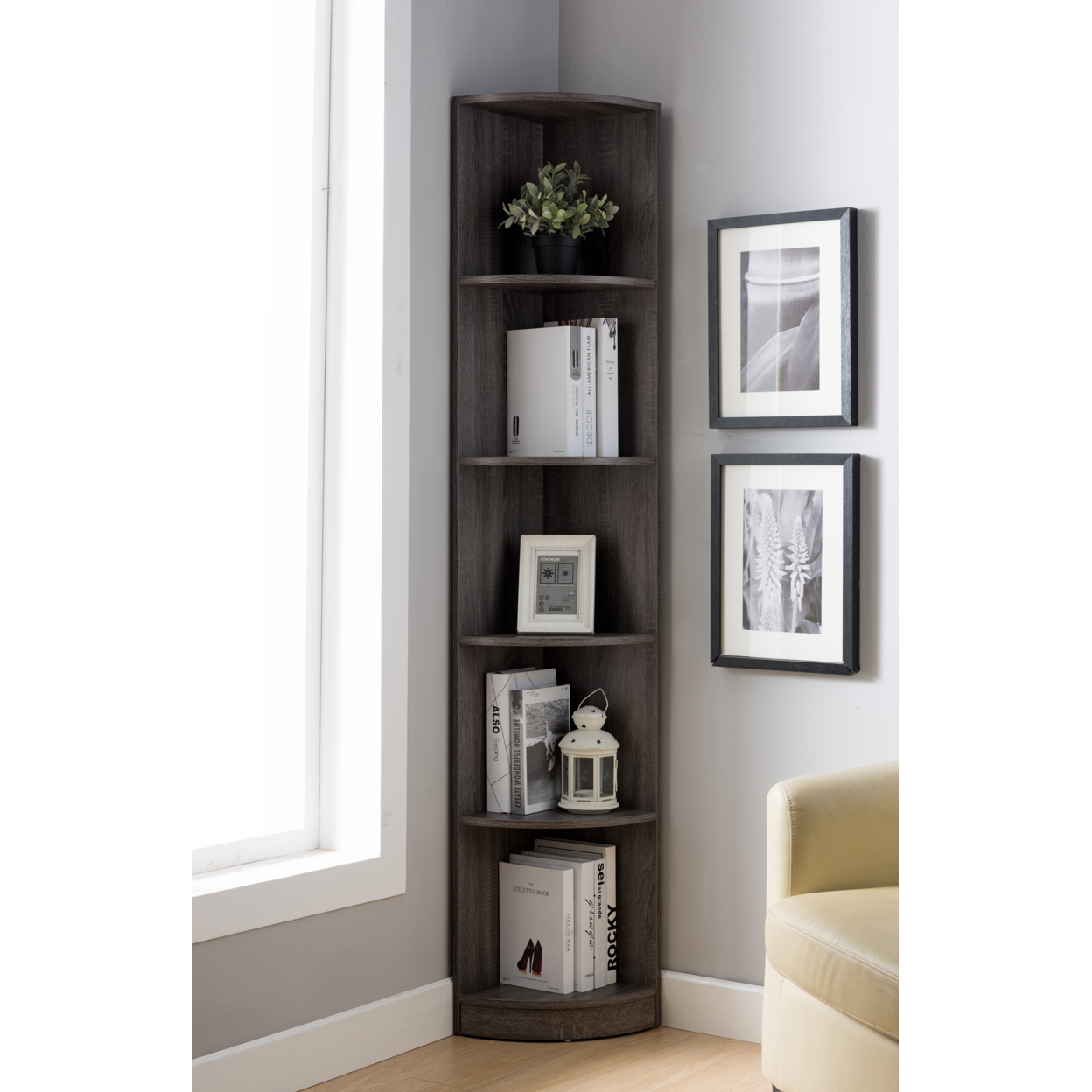 Wooden Corner Display Cabinet, Distressed Grey- Saltoro Sherpi