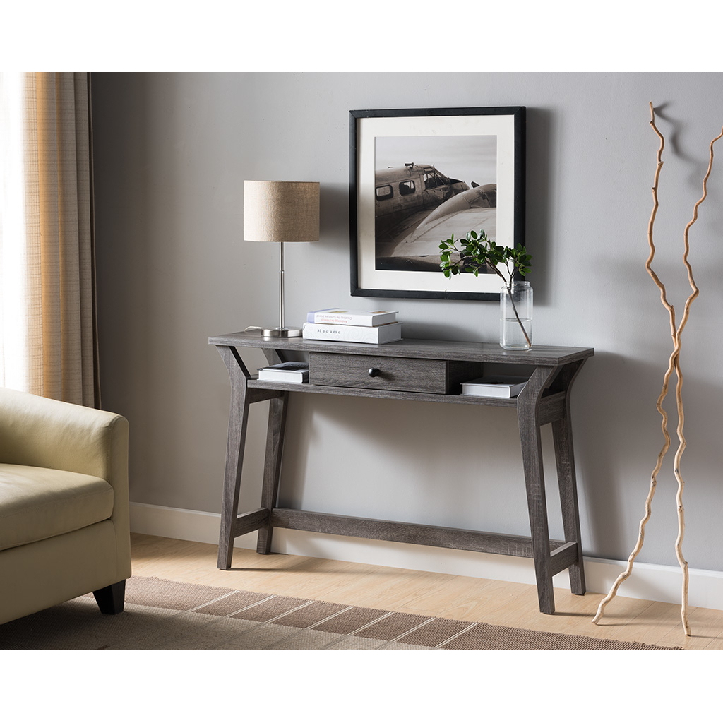 Wooden Desk With Drawer And Shelves, Distressed Gray- Saltoro Sherpi