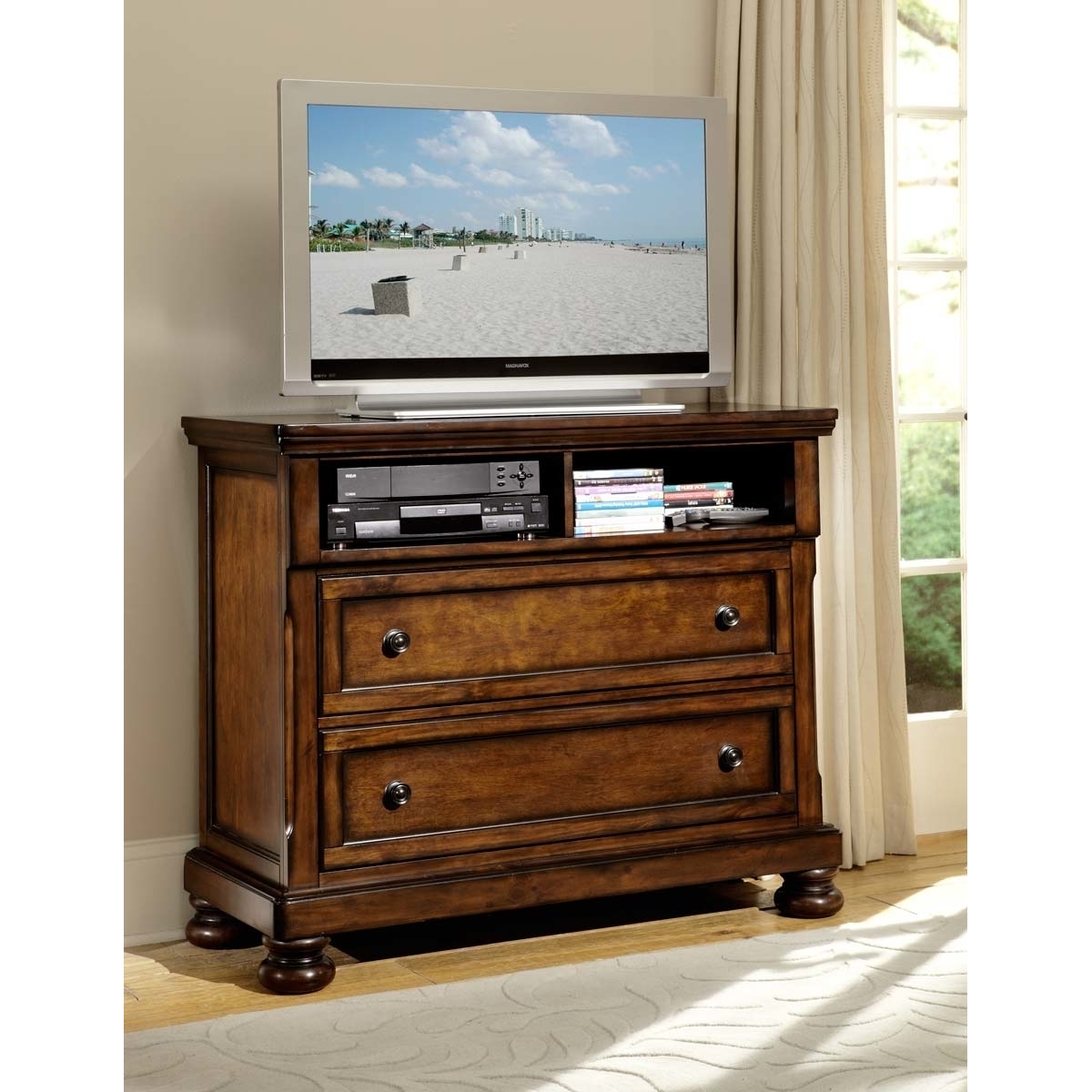 Wooden TV Chest With Two Drawers And Two Open Shelves, Brown- Saltoro Sherpi