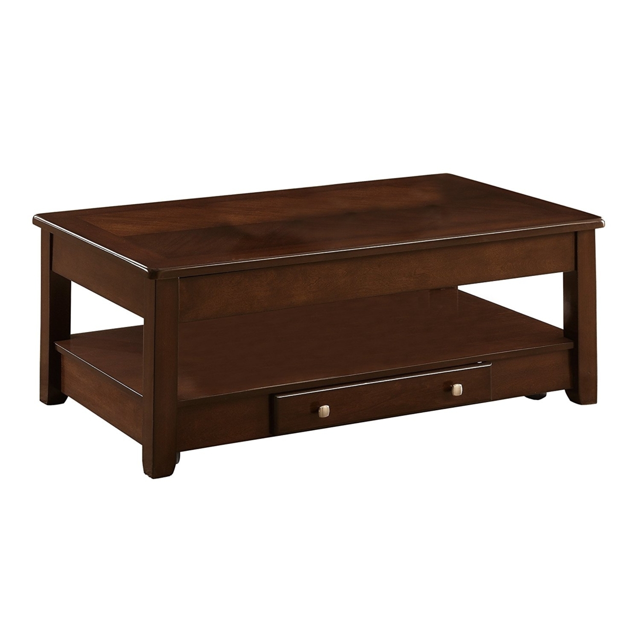 Wooden Cocktail Table With Bottom Shelf And Drawer, Cherry Brown- Saltoro Sherpi