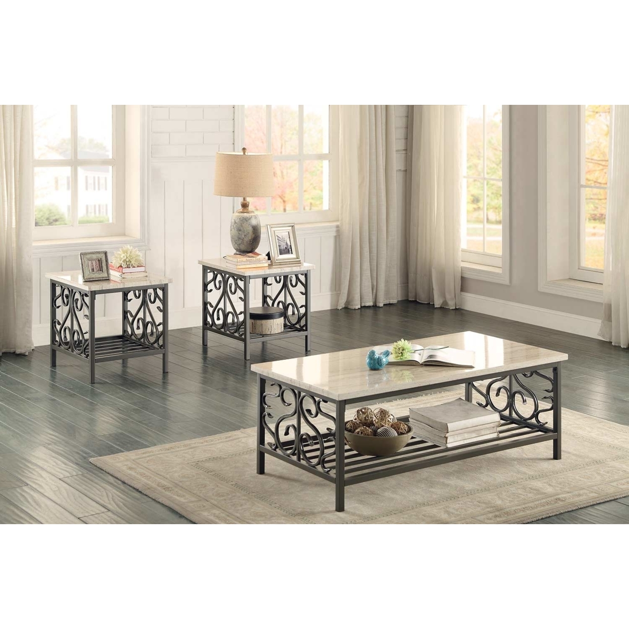 3 Piece Faux Marble Top Table Set With Decorative Metal Frame, Cream & Gray- Saltoro Sherpi