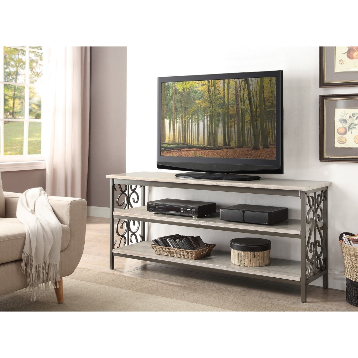 2 Tier TV Stand Or Sofa Table With Marble Shelves, Cream & Gray- Saltoro Sherpi