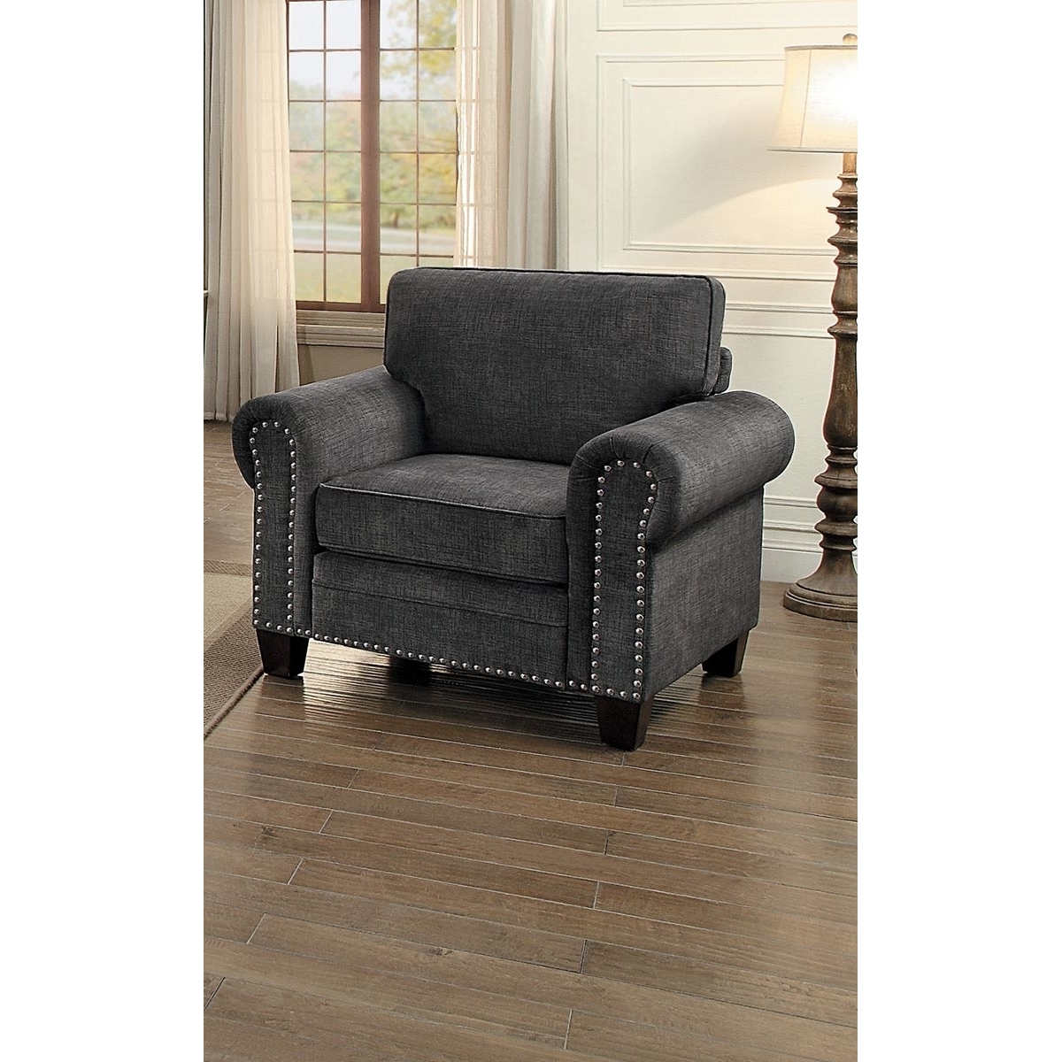 Fabric Upholstered Sofa Armchair With Nail Head Trim, Dark Gray- Saltoro Sherpi