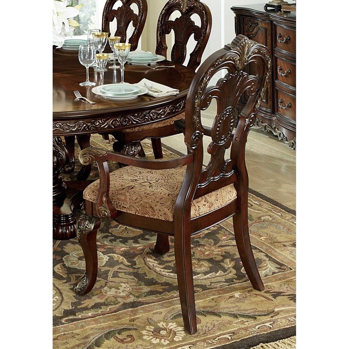 Wood Fabric Arm Chair With Deep Engraved Design, Brown & Beige (Set Of 2)- Saltoro Sherpi