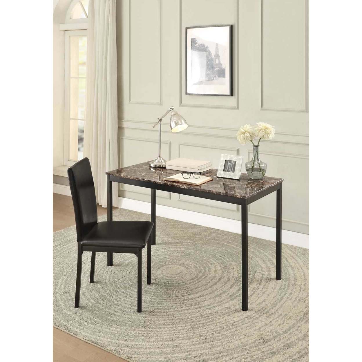 Faux Marble Writing Desk With Leatherette Upholstered Metal Chair, Black- Saltoro Sherpi