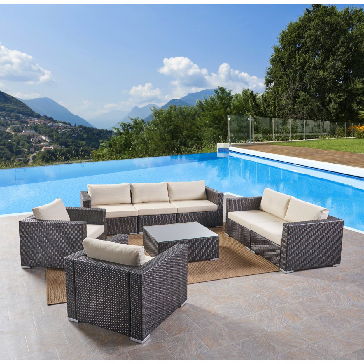 Samuel Outdoor 7 Seater Wicker Sofa Chat Set With Aluminum Frame And Cushions - Brown Wicker