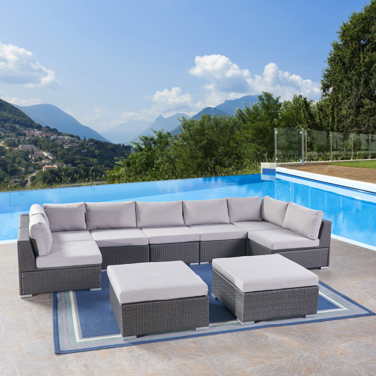 Tom Rosa Outdoor 7 Seater Wicker Sectional Sofa Set With Cushions - Gray Wicker