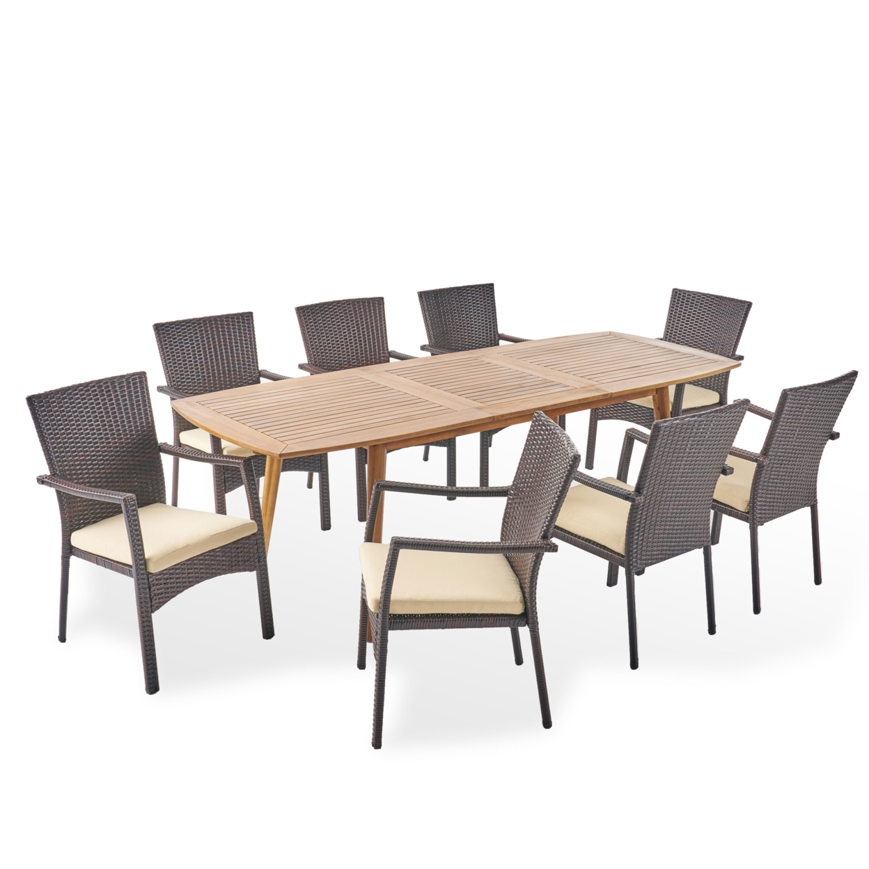 Jabari Outdoor Wood And Wicker Expandable 8 Seater Dining Set - Teak, Brown, Crme