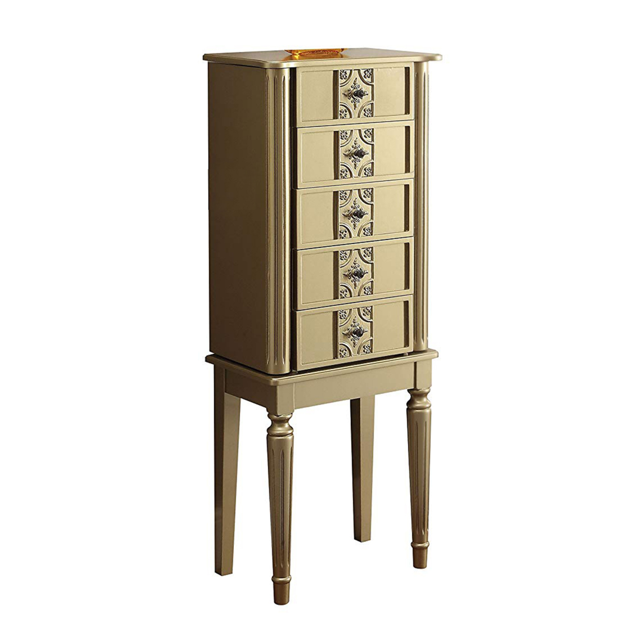 Wood Jewelry Armoire With 5 Drawers In Gold- Saltoro Sherpi