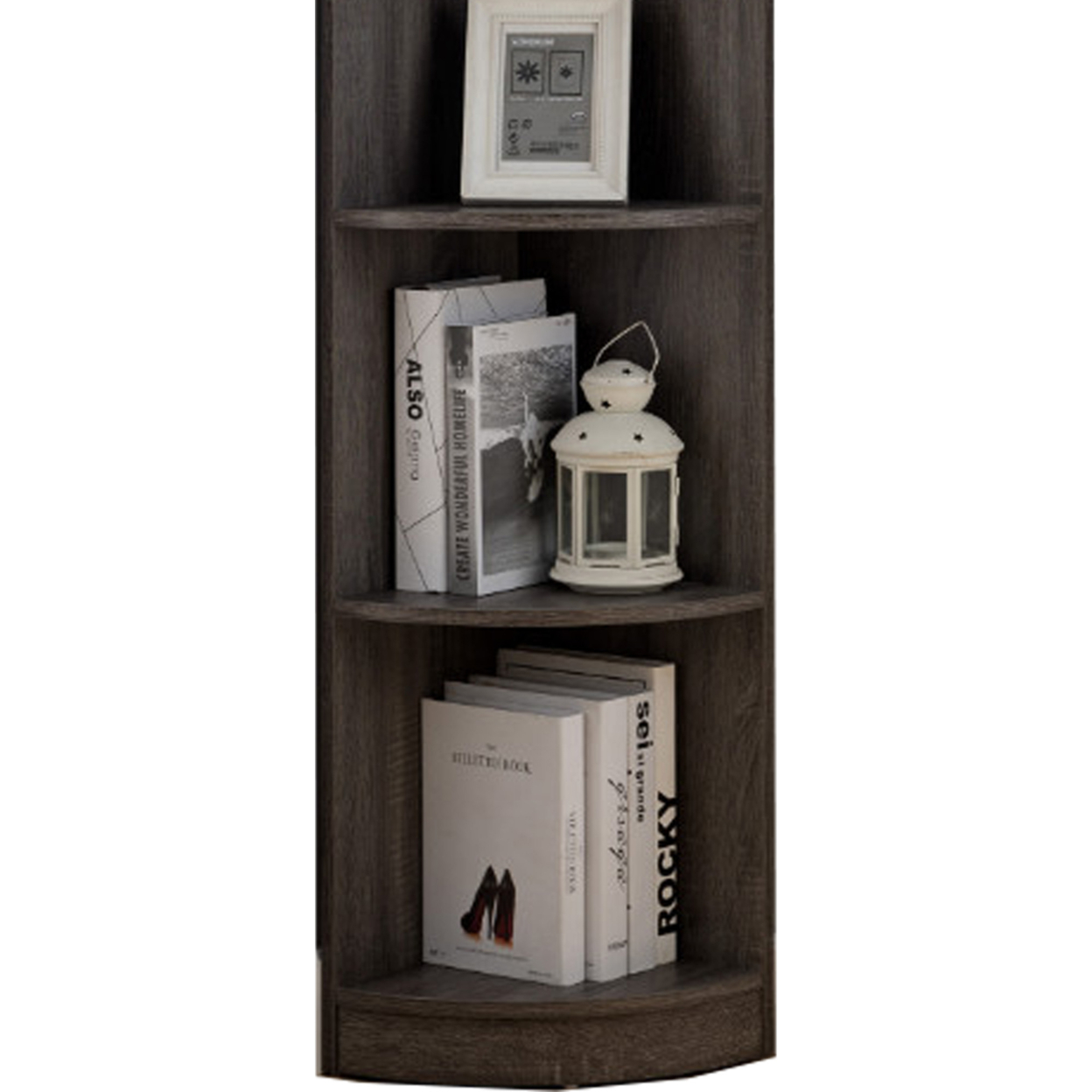 Wooden Corner Display Cabinet, Distressed Grey- Saltoro Sherpi