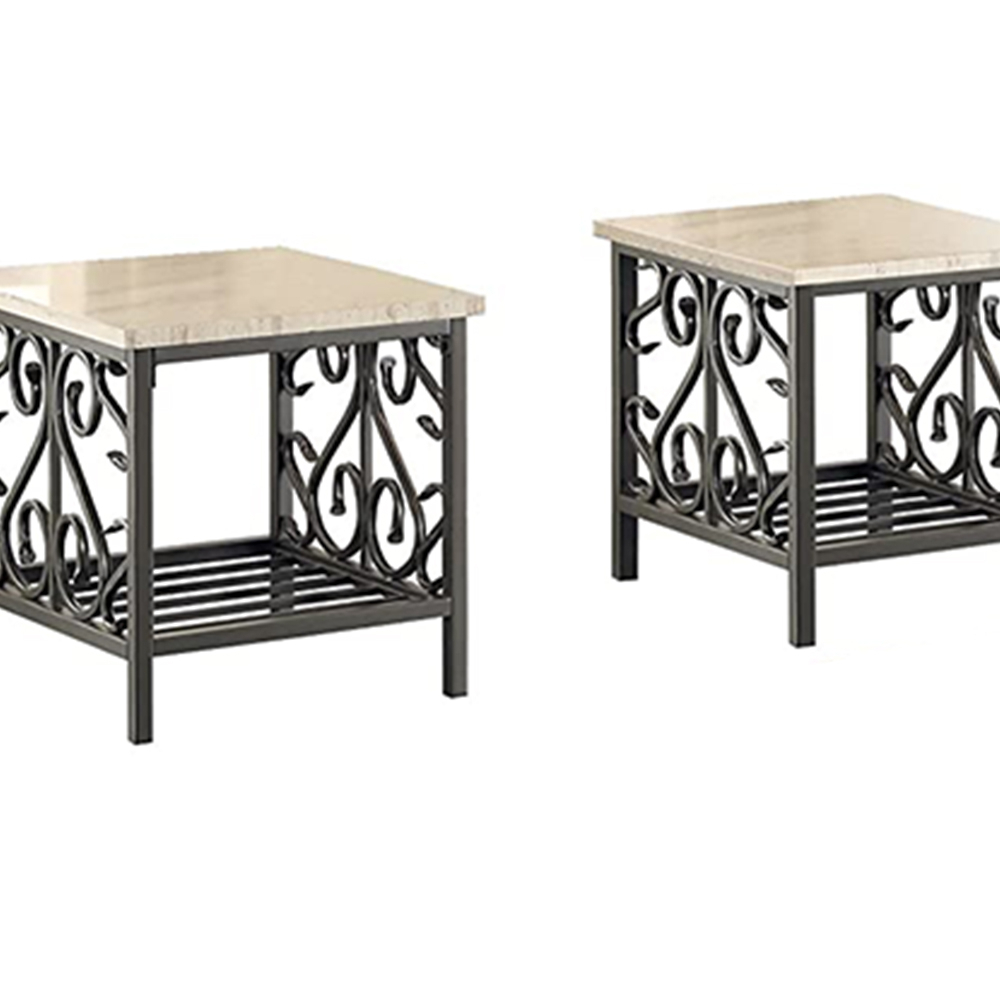 3 Piece Faux Marble Top Table Set With Decorative Metal Frame, Cream & Gray- Saltoro Sherpi