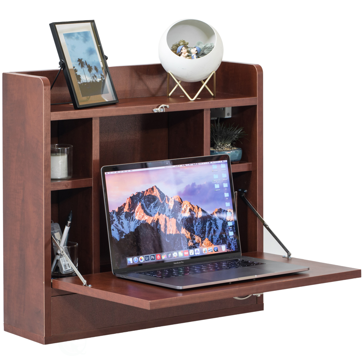 Wall Mount Folding Laptop Writing Computer Or Makeup Desk With Storage Shelves And Drawer - Cherry