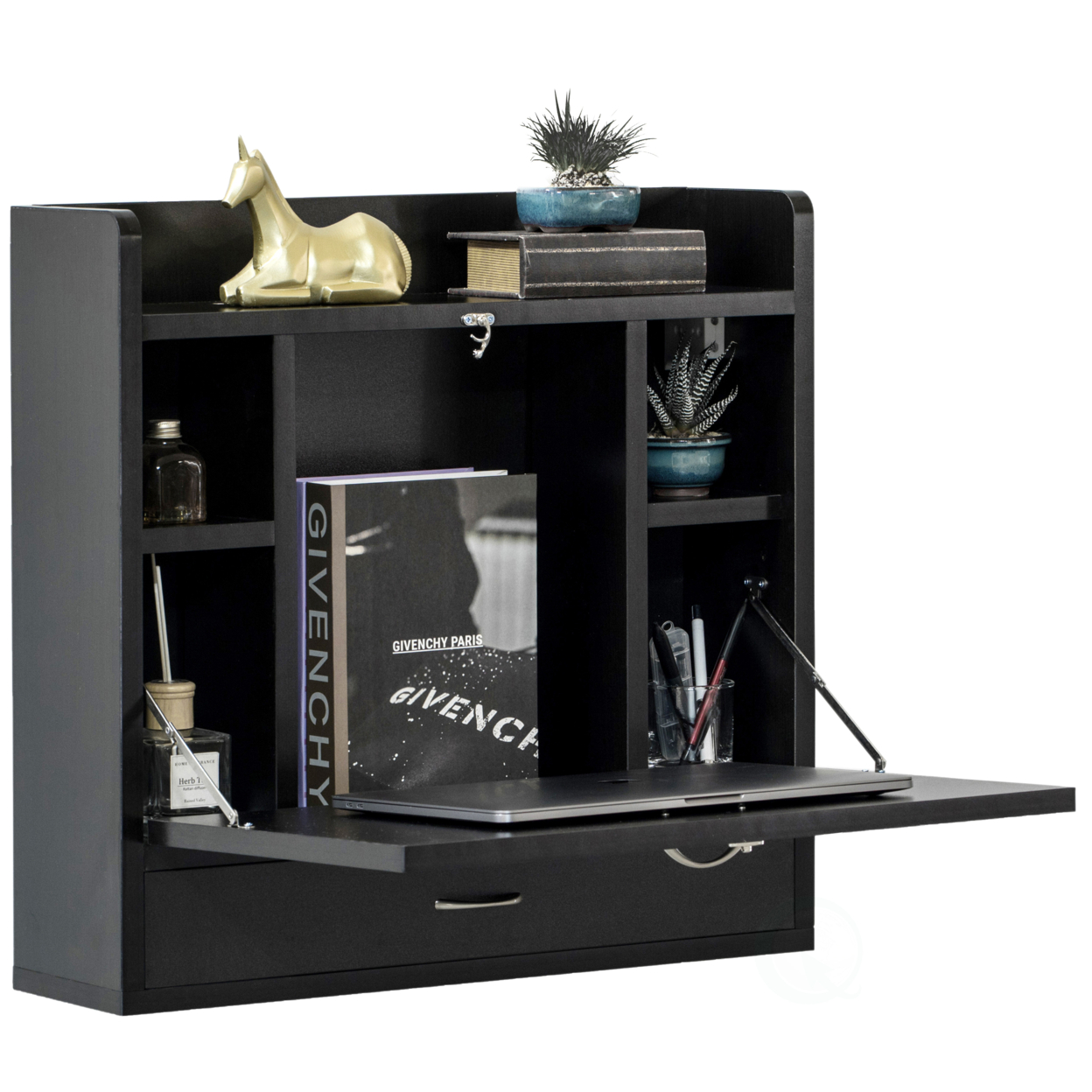 Wall Mount Folding Laptop Writing Computer Or Makeup Desk With Storage Shelves And Drawer - Black