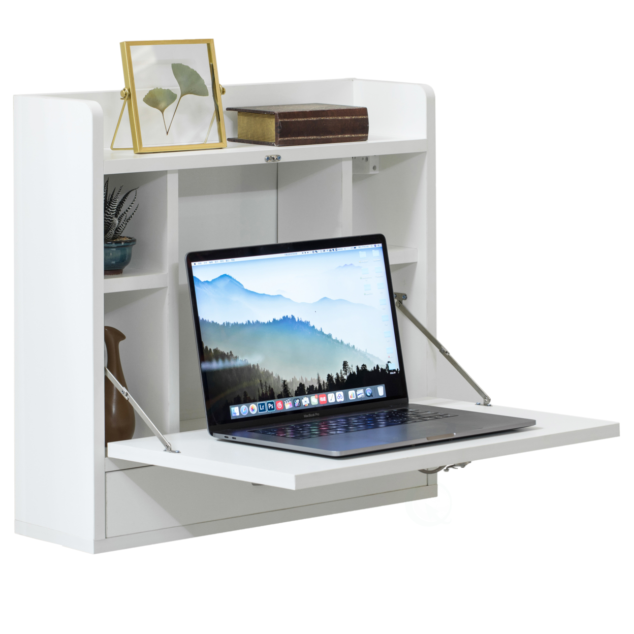 Wall Mount Folding Laptop Writing Computer Or Makeup Desk With Storage Shelves And Drawer - White