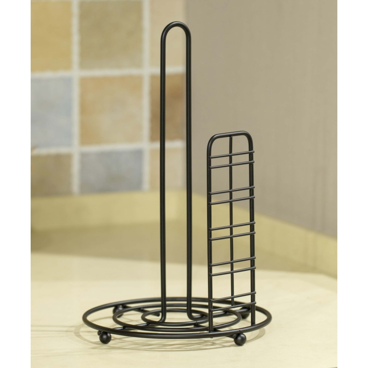Freestanding Round Single Roll Sturdy Black Iron Towel Paper Holder Stand Roll Dispenser, Countertop Portable Stand For Kitchen, Dining Room