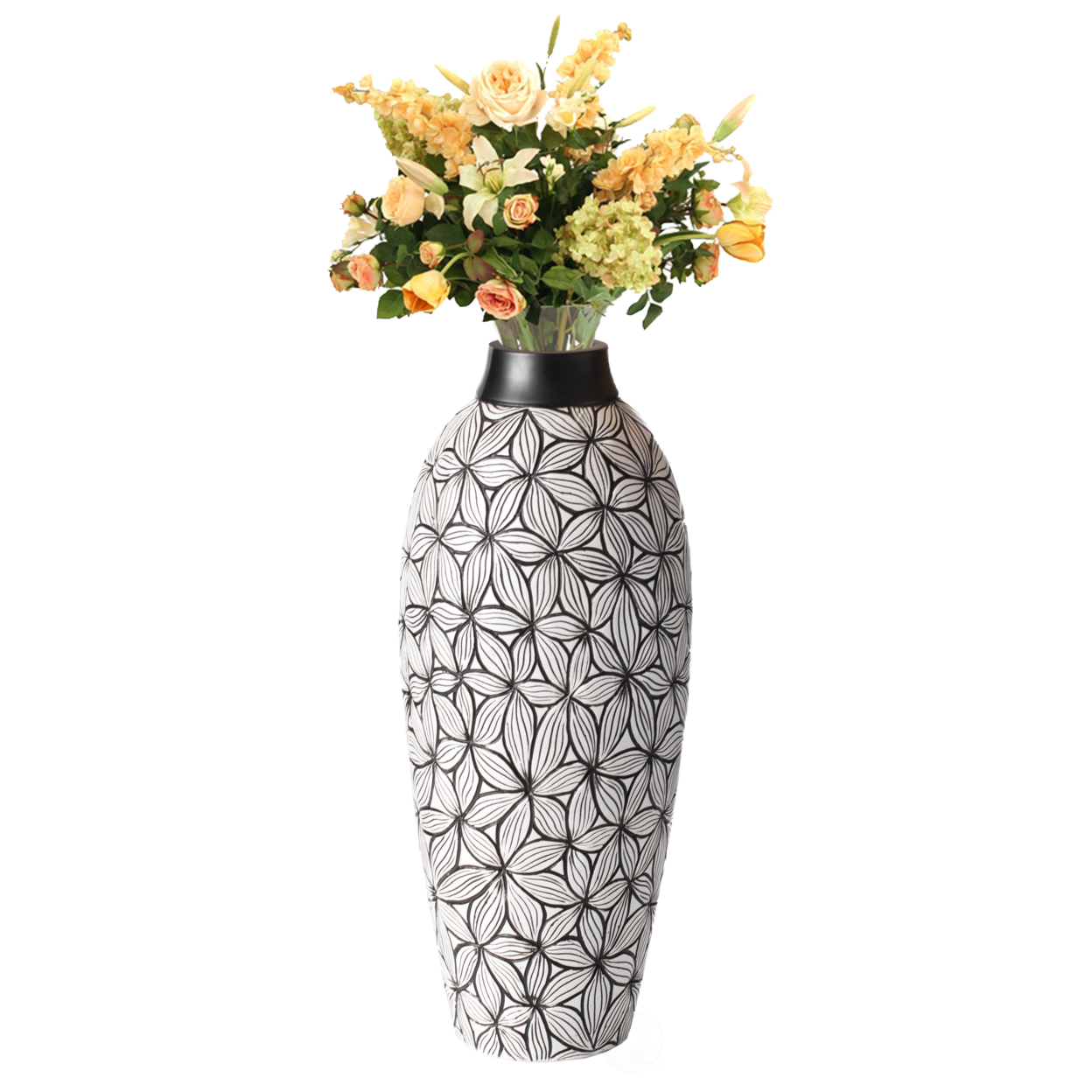 Unique Classic Style Flower Design Round Table Vase For Entryway Dining Or Living Room, Ceramic White