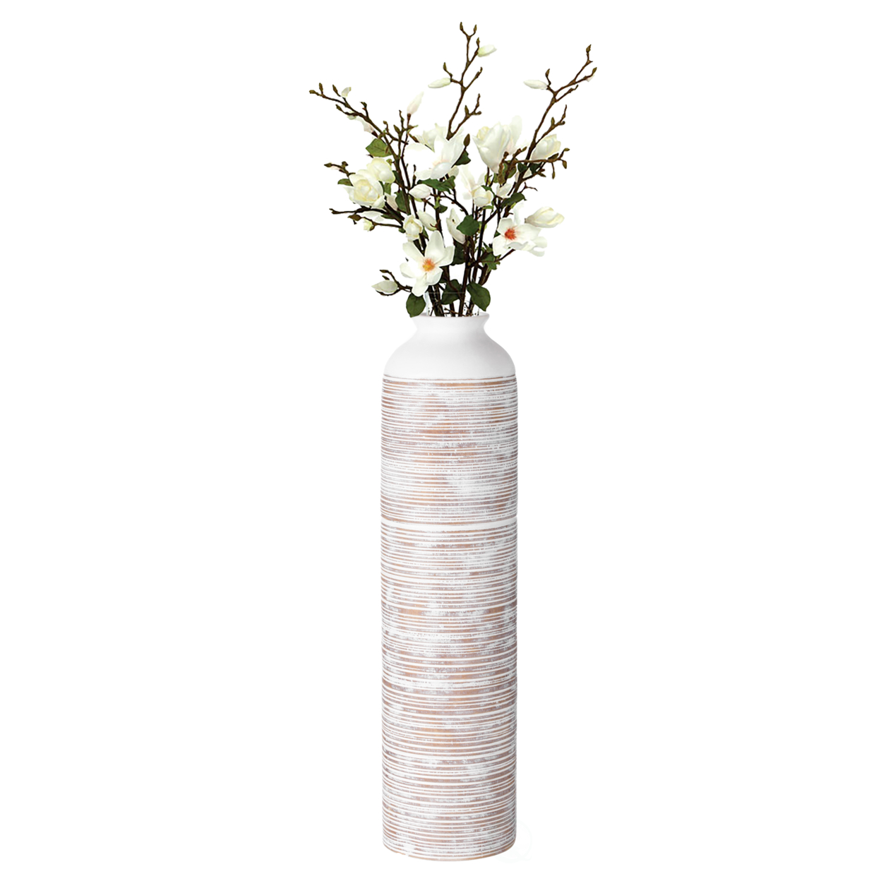Modern Ribbed Trumpet Style Designed Table Vase For Entryway Dining Or Living Room, Ceramic White