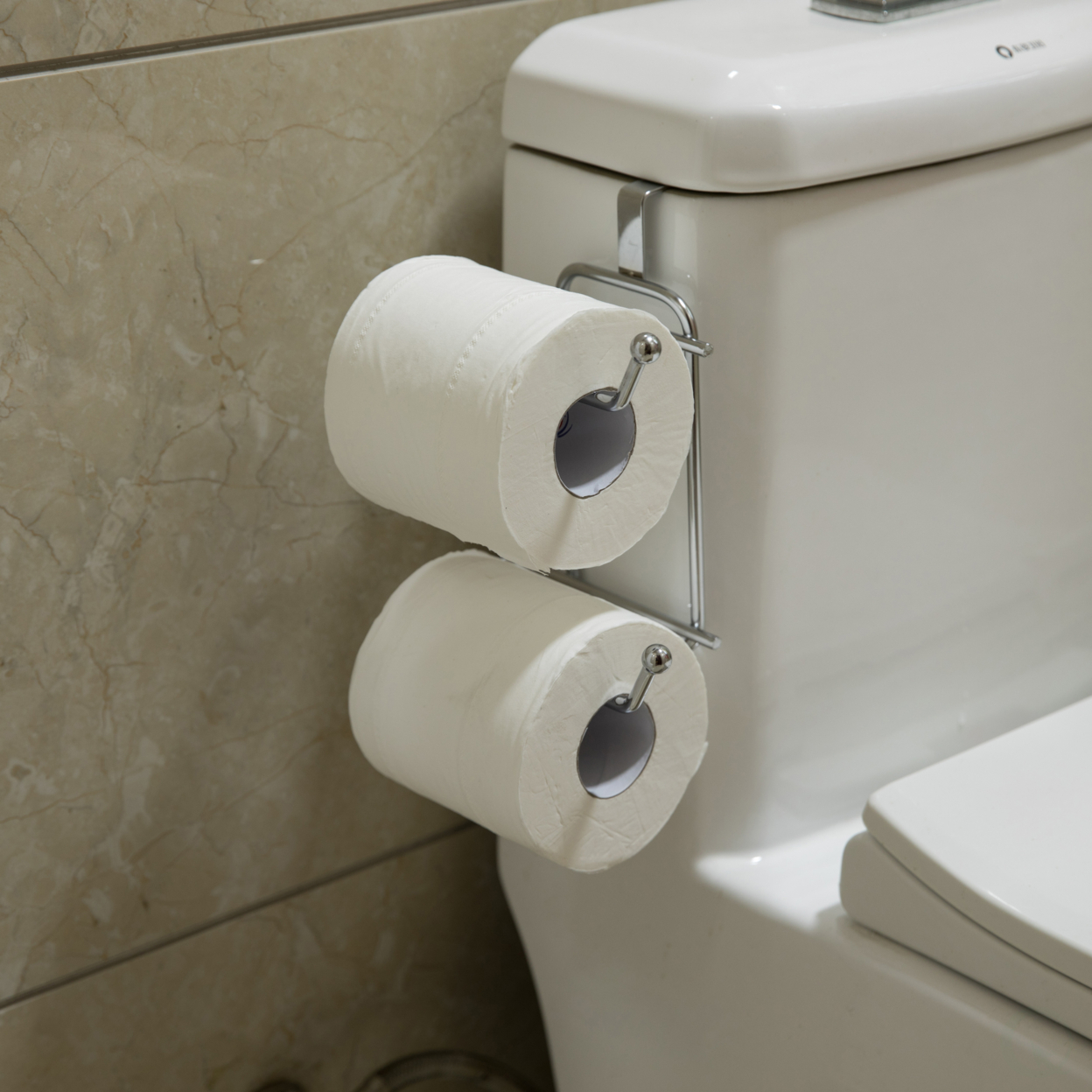 Chrome Toilet Tissue Paper Roll Holder Dispenser, Over The Tank Two Slot Tissue Organizer
