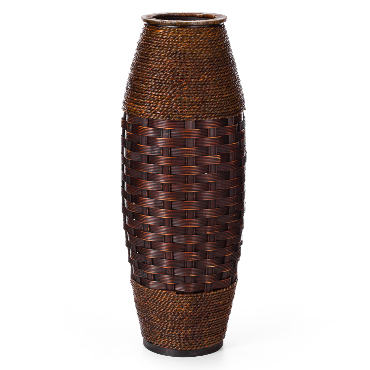 Antique Cylinder Style Floor Vase For Entryway Or Living Room, Bamboo Rope, Brown 26 Tall