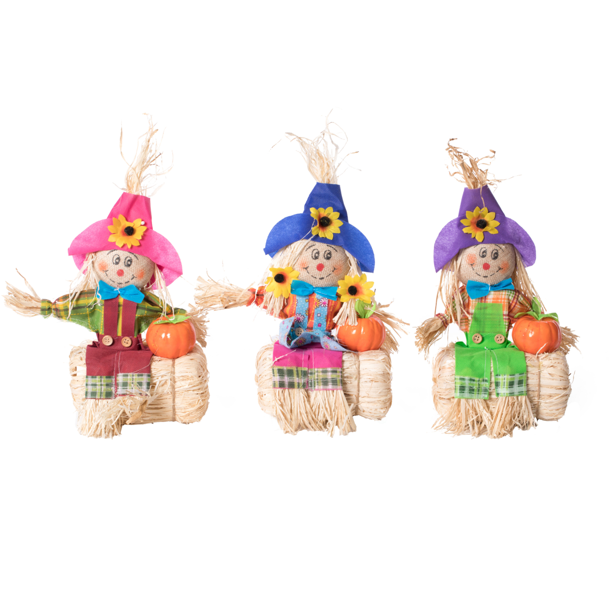 Outdoor Fall Decor Halloween Scarecrow For Garden Ornament Sitting On Hay Bale, Straw Multicolor, Set Of 3, 12 In.