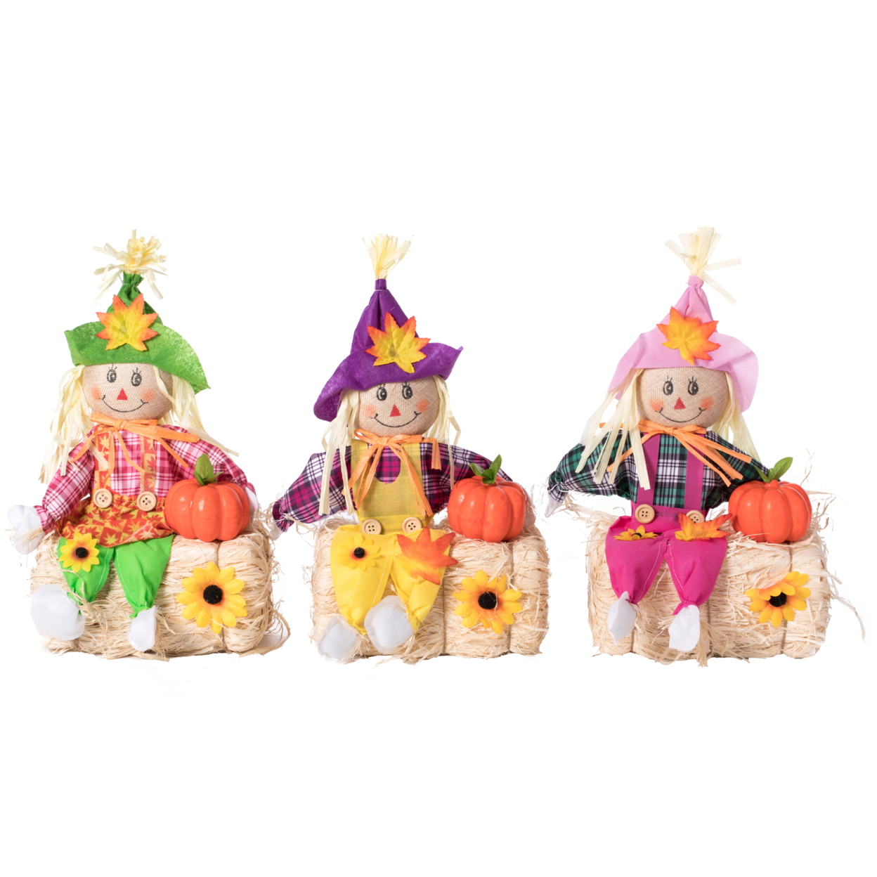 Outdoor Fall Decor Halloween Scarecrow For Garden Ornament Sitting On Hay Bale, Straw Multicolor, Set Of 3, 16 In.