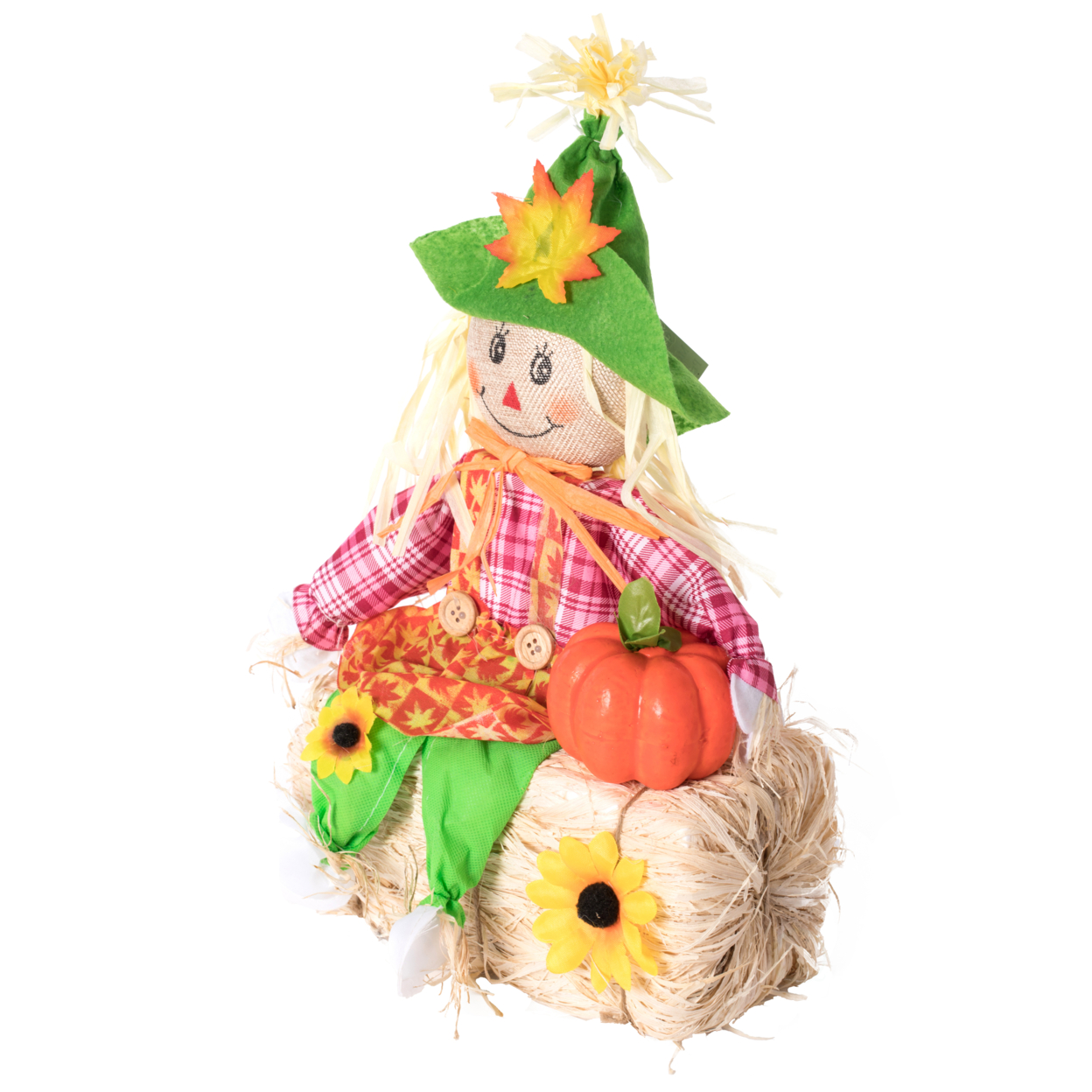 Outdoor Fall Decor Halloween Scarecrow For Garden Ornament Sitting On Hay Bale, Straw Multicolor, Set Of 3, 16 In.