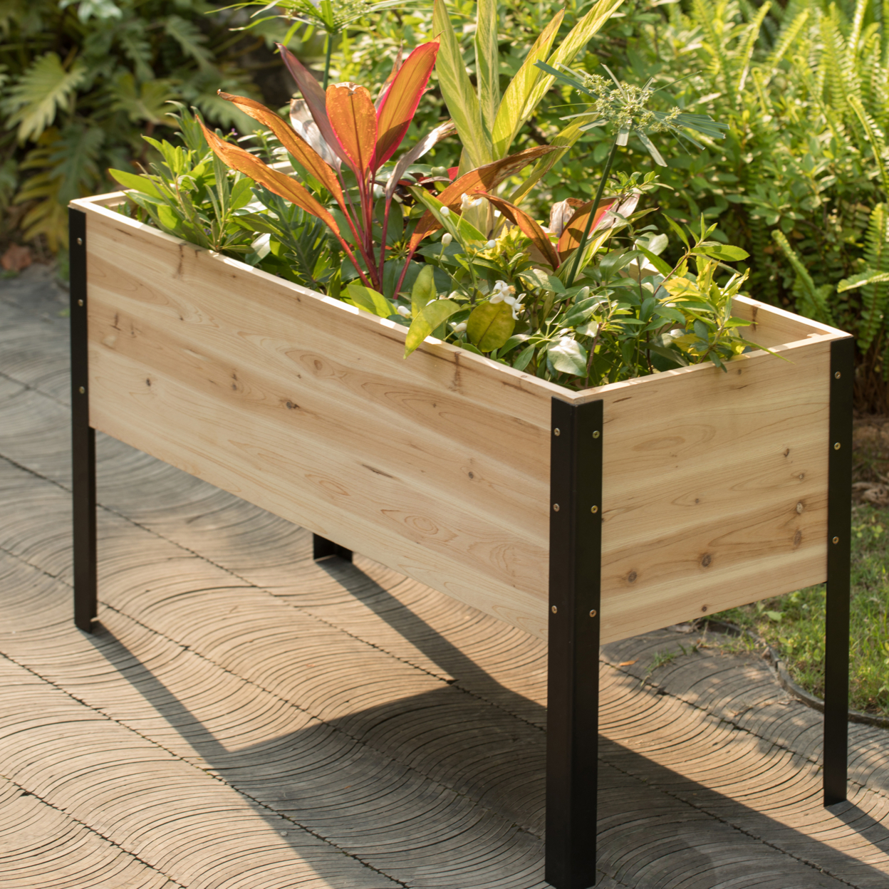 Elevated Outdoor Raised Rectangular Planter Bed Box Solid Wood With Steel Legs, Natural