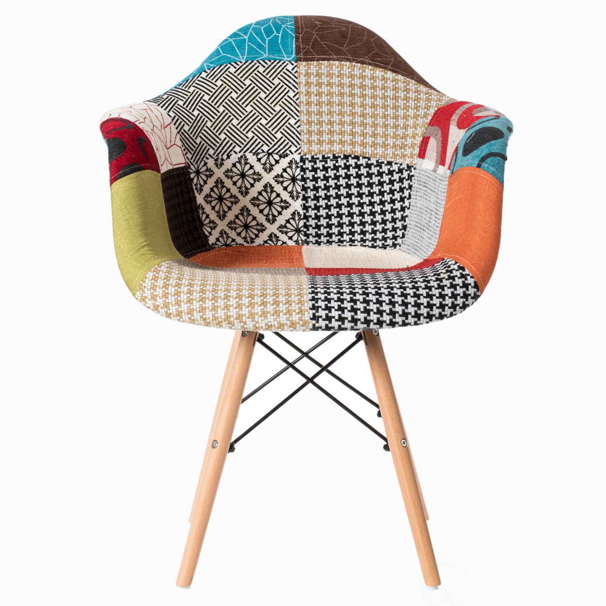 Mid-Century Modern Upholstered Plastic Multicolor Fabric Patchwork DAW Shell Dining Chair With Wooden Dowel Eiffel Legs