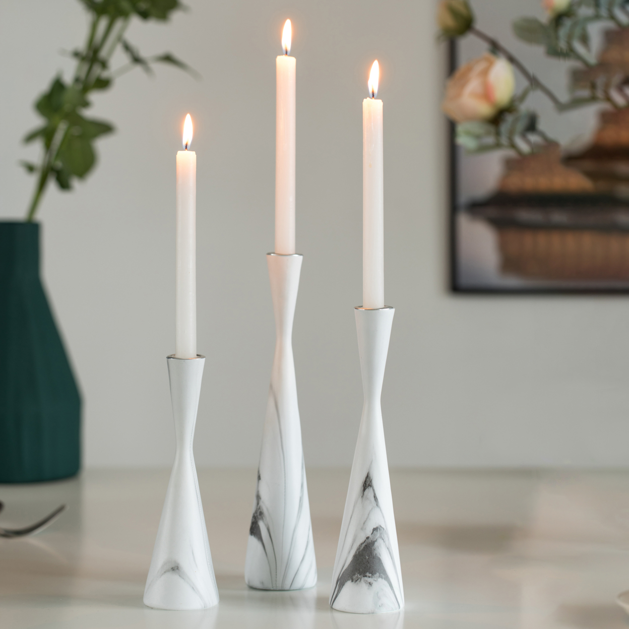 Set Of 3 Decorative Resin Taper Candle Holders, Marble Design Modern Candlesticks - Black