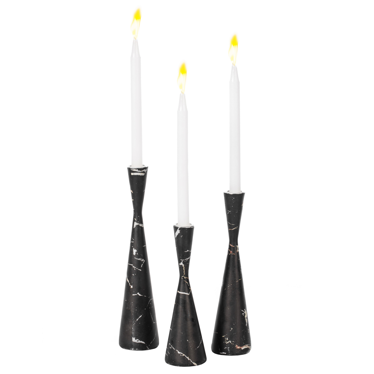 Set Of 3 Decorative Resin Taper Candle Holders, Marble Design Modern Candlesticks - Black