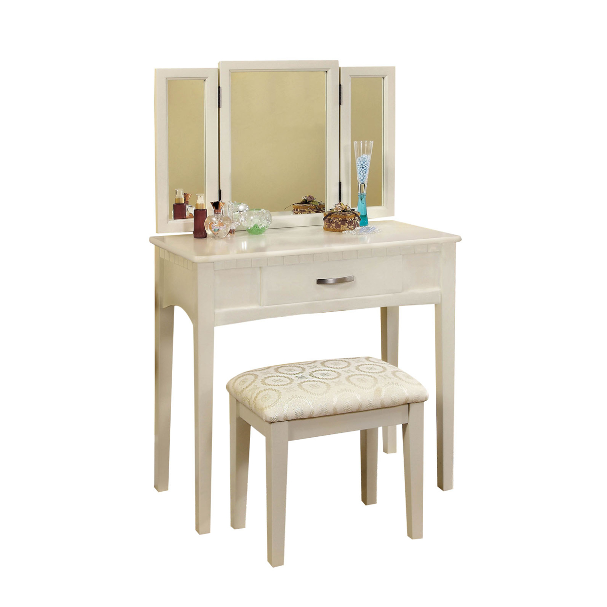 Pearl White Transitional Vanity Table With A Stool, White Finish- Saltoro Sherpi