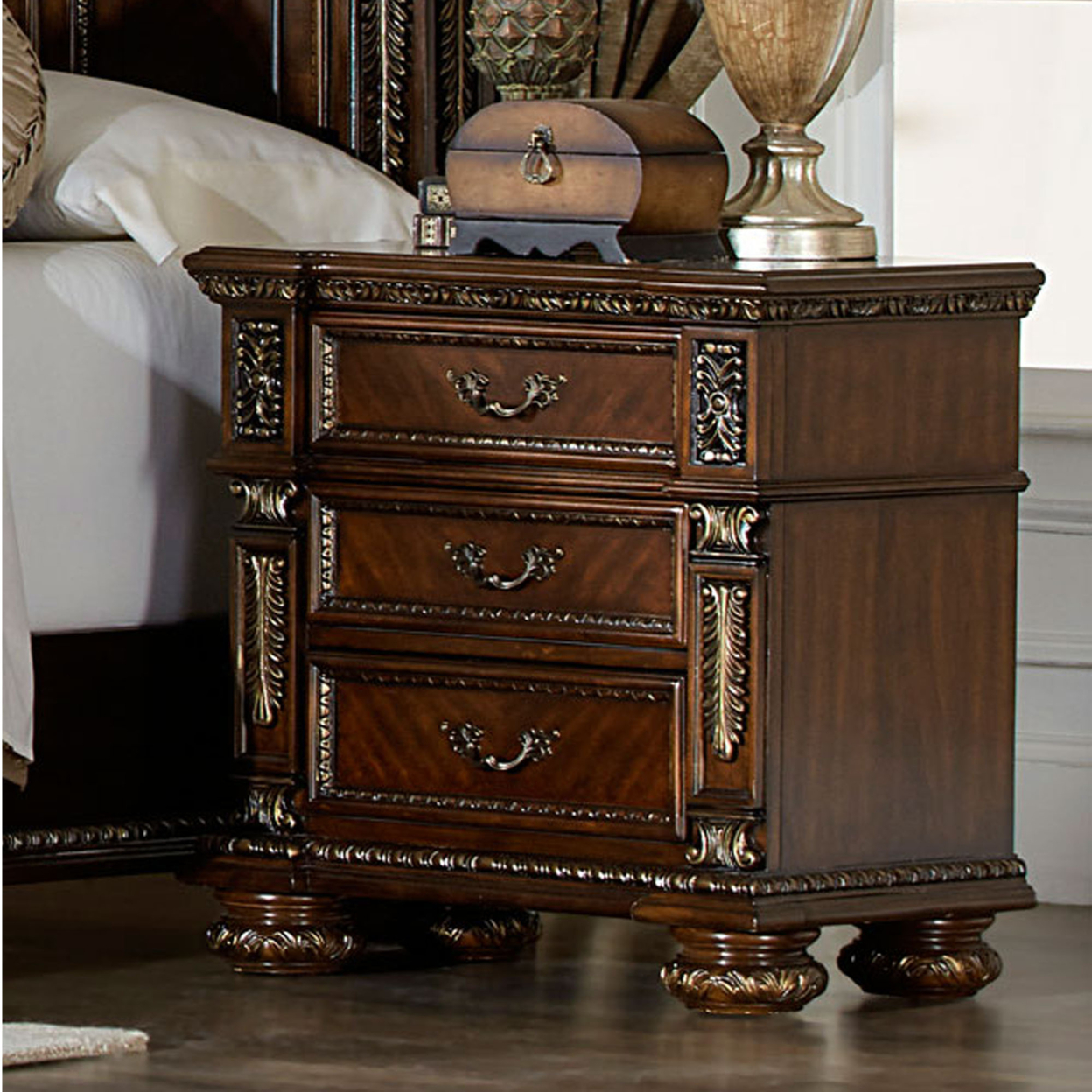 Intricately Carved Wooden Night Stand With Antique Brass Handles, Cherry Brown- Saltoro Sherpi