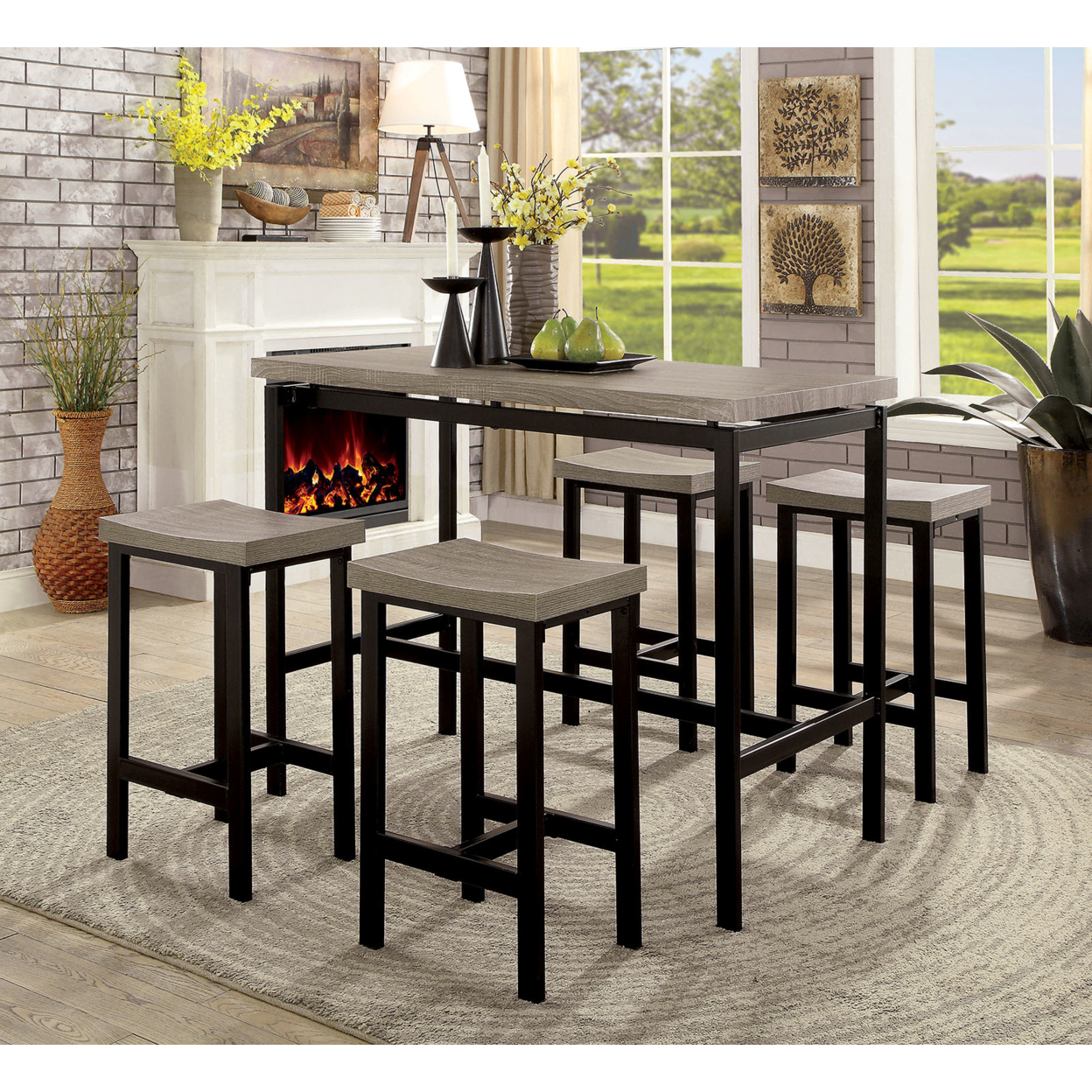 5 Piece Wooden Counter Height Table Set In Natural Brown And Black- Saltoro Sherpi