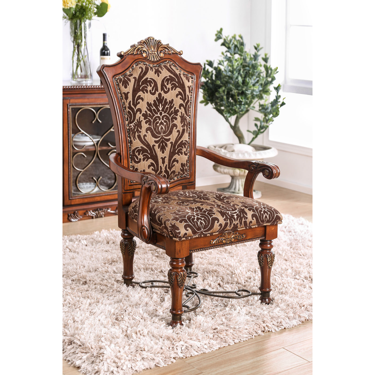 Floral Print Fabric Upholstered Arm Chair In Wood, Cherry Brown, Set Of 2- Saltoro Sherpi