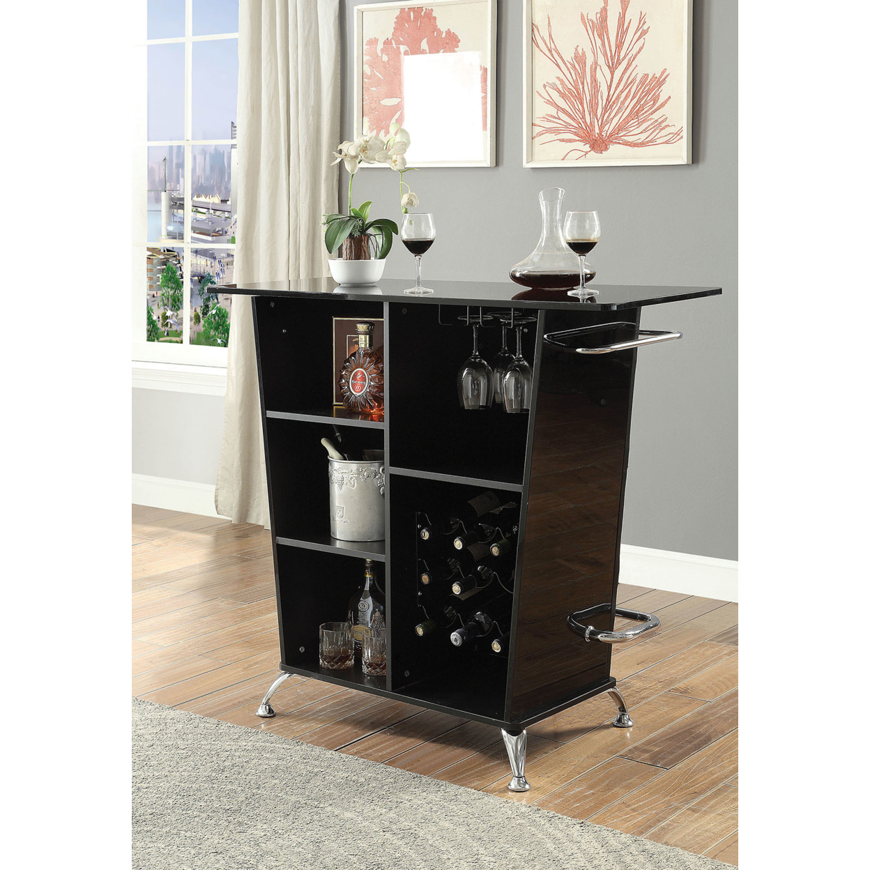 Contemporary Style Leatherette Padded Bar Table With Button Tufting, Black- Saltoro Sherpi