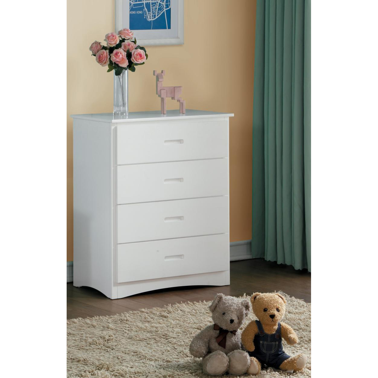 Wooden Four Drawer Chest With Cutout Handles, White- Saltoro Sherpi