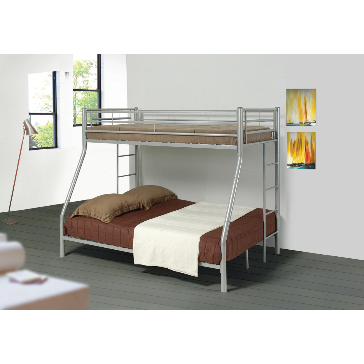 Metal Twin Over Full Bunk Bed With Full Length Guard Rails, Silver- Saltoro Sherpi