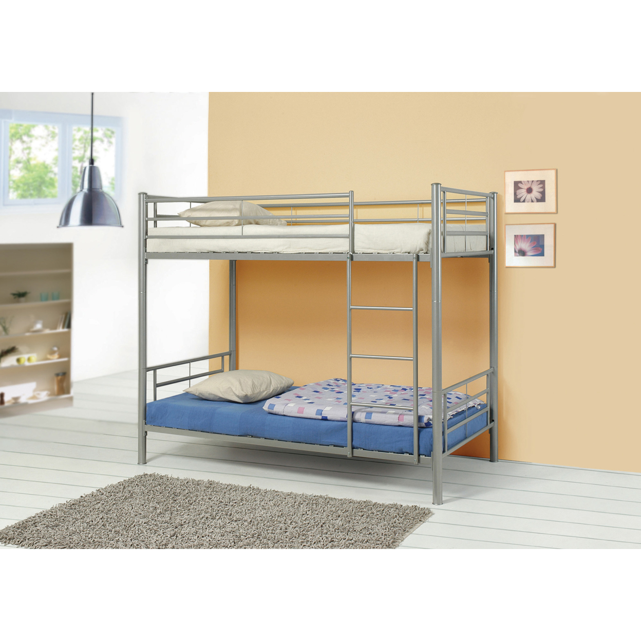 Metal Twin Over Twin Bunk Bed With Ladder, Gray- Saltoro Sherpi