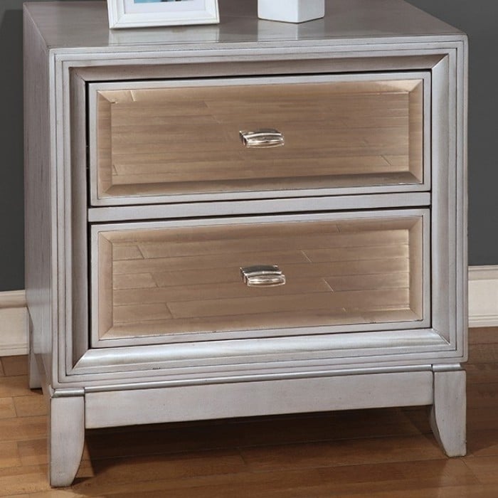 Contemporary Solid Wood Night Stand With Drawers, Silver- Saltoro Sherpi