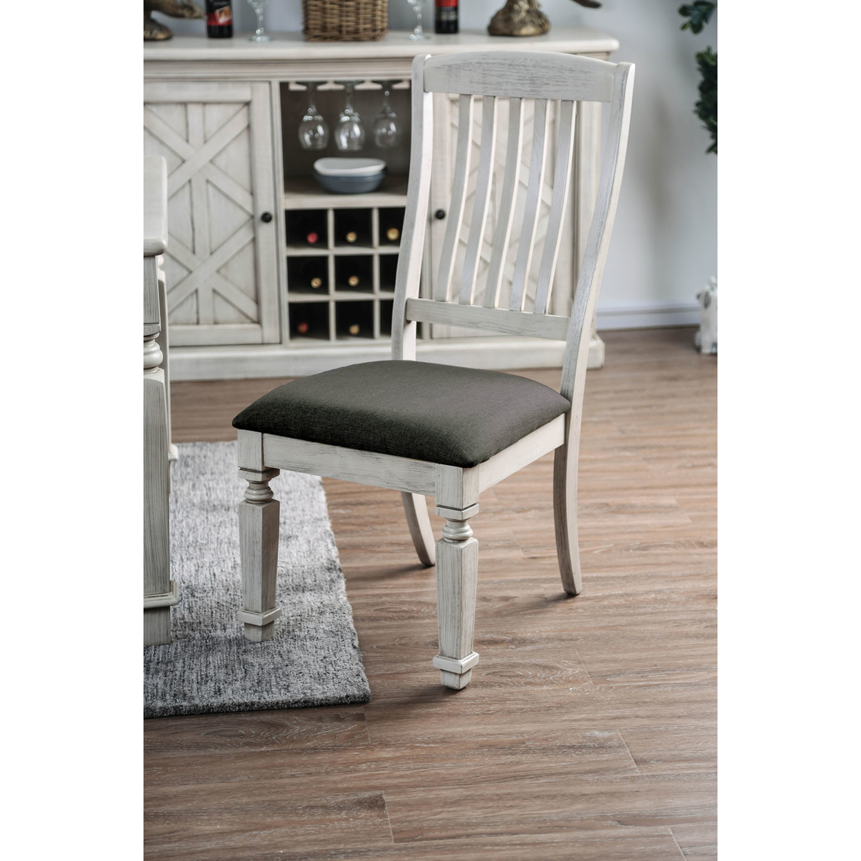 Wooden Side Chair With Fabric Upholstered Padded Seat, Pack Of Two, Antique White And Gray- Saltoro Sherpi