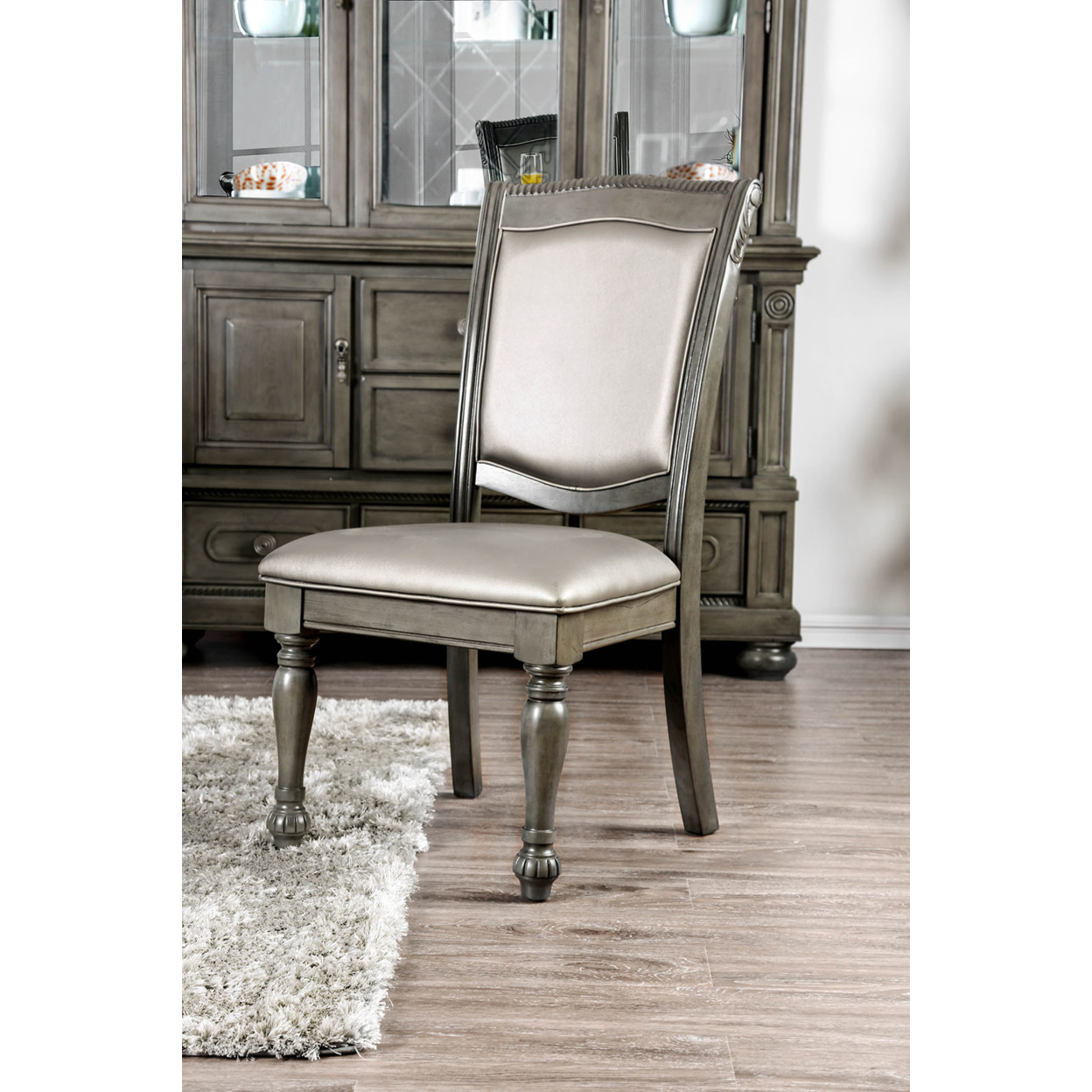 Faux Leather Upholstered Solid Wood Side Chair, Pack Of Two, Silver And Gray- Saltoro Sherpi