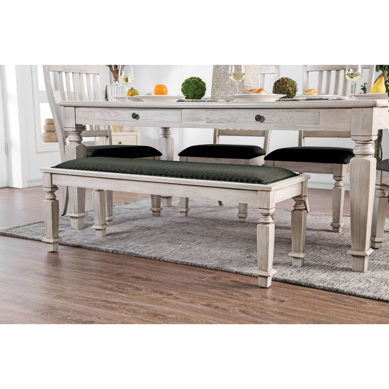 Transitional Style Fabric Upholstered Wooden Bench, White And Gray- Saltoro Sherpi