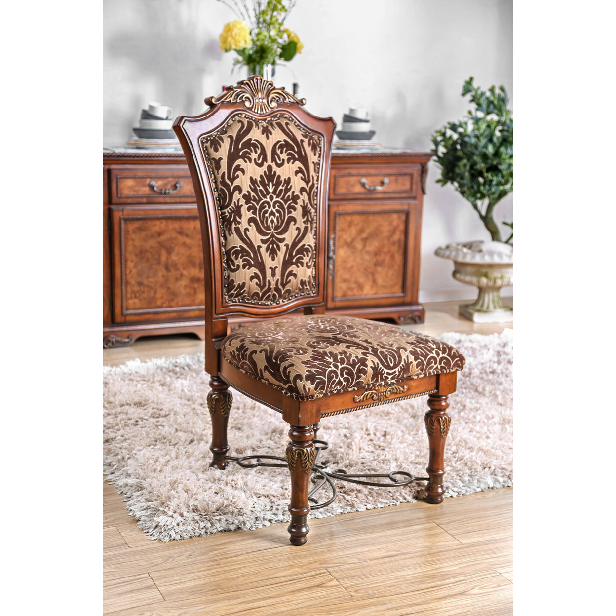 Wooden Fabric Upholstered Side Chair With Floral Print, Brown, Pack Of Two- Saltoro Sherpi